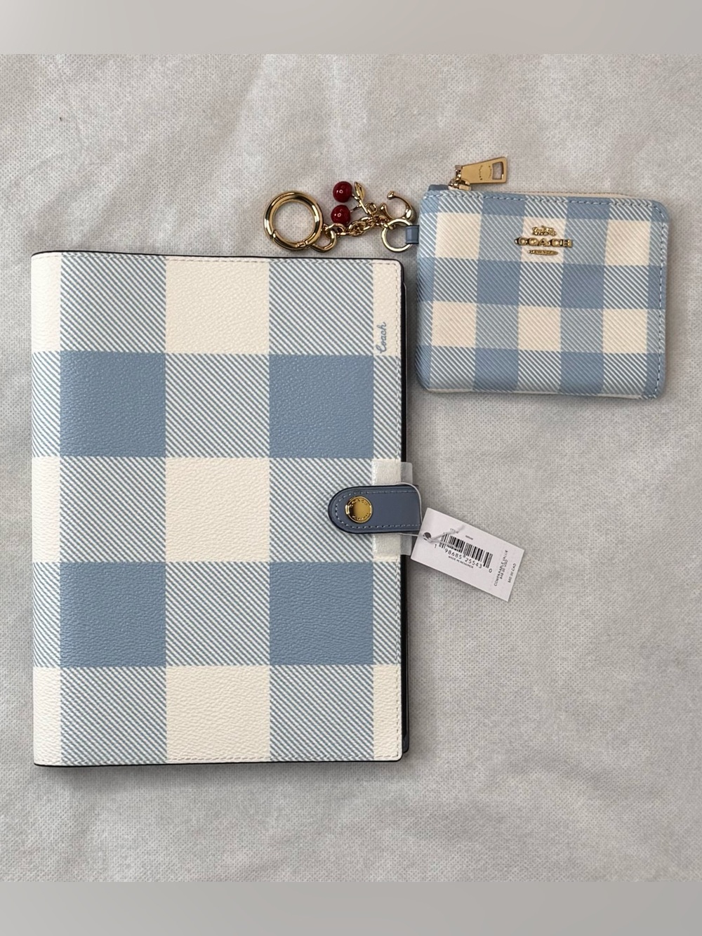 NEW Coach Notebook Blue Gingham Print & Matching Corner Zip Wallet w Charms
